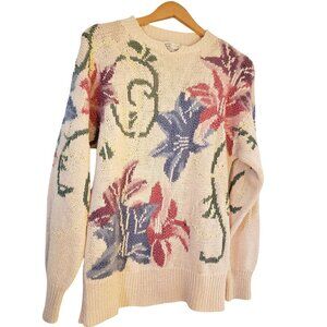 Hand Knit Mohair Linen Cotton Ramie Jennifer Reed L Floral Pink Sweater